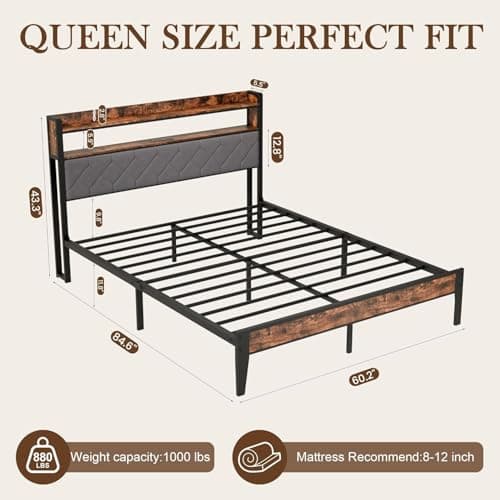 BOVONO Queen Bed Frame with Charging Station, Upholstered Headboard, Metal Platform Bed Frames with 2-Tier Open Shelves, No Box Spring Needed, No-Noise, Grey, Bedroom Furniture Gift - Thumbnail 2