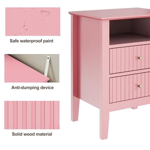 RoyalCraft Pink Fluted Nightstand Set of 2, Colorful Nightstand with 2 Drawers, Modern Wooden End Table with Storage for Small Spaces, Side Table for Bedroom, Couch, Home Office - Thumbnail 6
