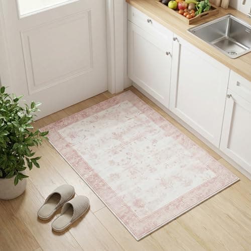 Cnythlis Washable Distressed Area Rug 2'x3' - Non-Slip Silicone Backing Door Mat for Entryway Bathroom - 0.26" Low Pile Water Resistant Faux Wool Rug for Vintage Farmhouse Accent, Pink & White - Thumbnail 3