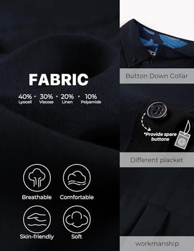 PJ PAUL JONES Mens Button Down Shirt Linen Short Sleeve Dress Shirts for Men Beach Summer Wedding Untucked Shirt Navy - Thumbnail 3