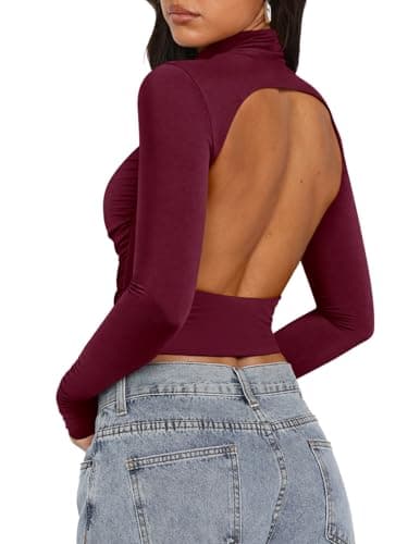 PINKMSTYLE Backless Long Sleeve Turtleneck Top Womens Double Lined Ruched Tops Country Concert Rave Outfits Burgundy X-Small - Thumbnail 4