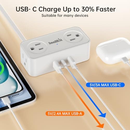 6.5Ft Power Strip with Surge Protector, 4 Outlets 3 USB Ports Extension Cord, Flat Plug Charging Station for Home Office Desk & College Dorm Essentials, White - Thumbnail 3