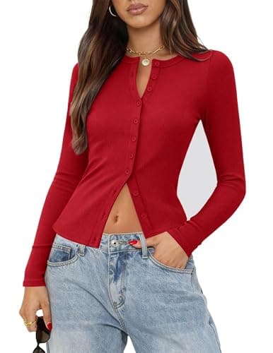 Gleeneat Womens Cardigan Sweaters Long Sleeve Button Down Up Going Out Tops Ribbed Knit Lightweight Cropped Cute Summer Shirts Fall Spring Cardigans 2026 Trendy Fashion Clothing Clothes Outfits Red - Image 1