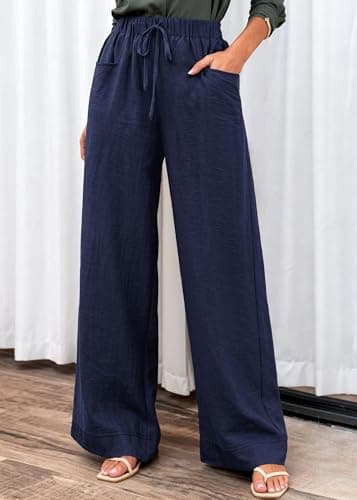 KIRUNDO Wide Leg Palazzo Pants for Women Summer High Waist Flowy Casual Trousers Lounge Pants Beach Vacation Travel Outfits (Navy Blue, XX-Large) - Thumbnail 6