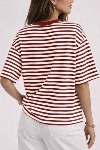 CHYRII Womens Oversized Striped T Shirts Crewneck Short Sleeve Fashion 2026 Casual Loose Fit Summer Y2K Tops (Red XL) - Thumbnail 4