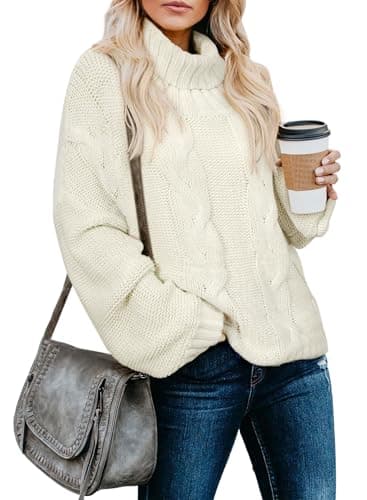 Dokotoo Womens High Neck Sweaters Long Sleeve Winter Outifits Solid Fashion Casual Loose Oversized Chunky Cable Knit Pullover Sweaters Jumper Tops White Large - Image 1