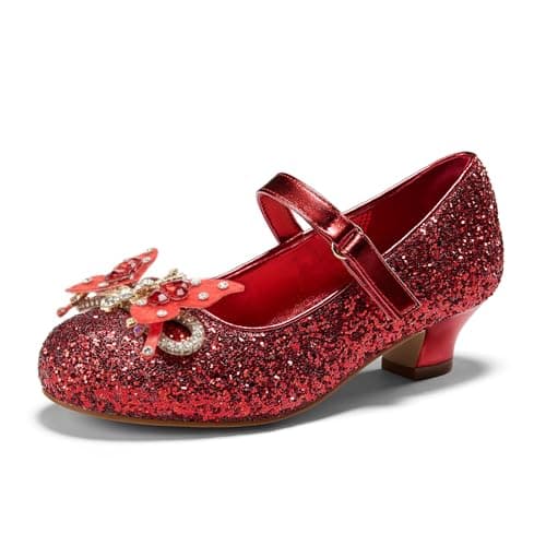 PATPAT Girls Dress Shoes Size 3 Big Kid, Red Sparkly Shoes with Butterfly Hair Clips, Sequins Rhinestones Bowknot Princess Low Heels Mary Jane Footwear Heels for Girls Dress Up - Image 1