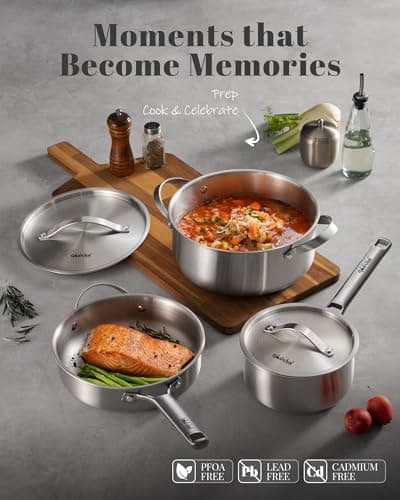 Stainless Steel Cookware Set, 8 Pcs Tir-Ply Pots and Pans Set, PFOA&PTFE Free, Dishwasher&Oven Safe, Kitchen Induction Compatible, ollas de acero inoxidable para cocinar - Thumbnail 4