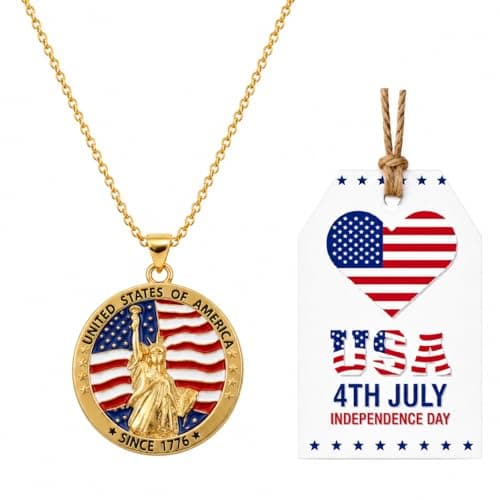 Uloveido United States Patriotic Necklace | 250th Anniversary USA 1776-2026 Pendant | Gold Plated Copper Statue of Liberty & Flag Jewelry | 2mm Stainless Steel O-Chain 45+5cm | Independence Day Gift for Men WomenYA7089 - Image 1