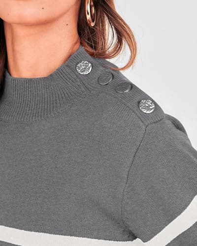 KIRUNDO Fall Sweaters for Women 2026 Striped Turtleneck Ribbed Knit Sweater Trendy Pullover Jumper Winter Fashion Clothing(Large, Gray) - Thumbnail 5