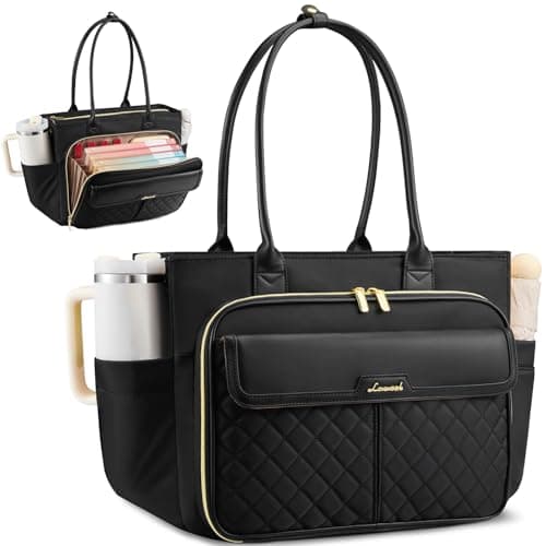 LOVEVOOK 15.6 Inch Teacher Tote Bag for Women Work with Accordion File Area, Laptop Work Tote Bag with Laptop Compartment, nurse Handbag Bags with Large Capacity & Cup Holder, black