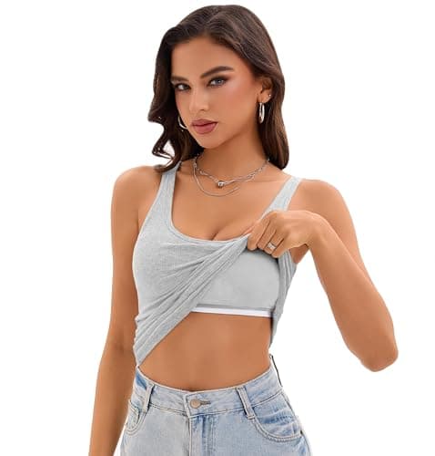 Womens Ribbed Tank Tops Built in Bra Neck Cami Tops Sleeveless Summer Y2k Going Out Crop Tanks Casual Cami Shirts Trendy 2025 (Light Grey,L) - Thumbnail 2