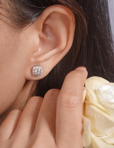 IMOLOVE Moissanite Stud Earrings Lab Created Moissanite Earrings in Sterling Silver Trendy Square Halo Earrings for Women Men D Color Round Cut - Thumbnail 3