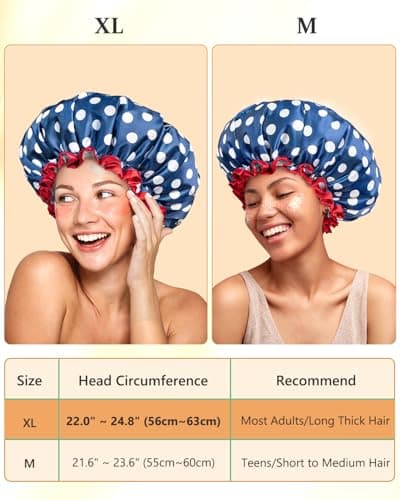mikimini Shower Cap Reusable Waterproof for Women, Large Shower Cap for Long Hair with Elastic Band - Double-Layer Hair Cap with Classic Polka Dot Print for Thick Hair & Braids - Thumbnail 5