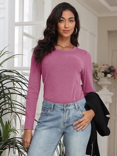 COCOMARTS Womens Long Sleeve Crewneck Knit Basic Tops Loose Casual Shirt 2025 Fall Winter Outdoor Thermal Undershirts Red Medium - Thumbnail 3