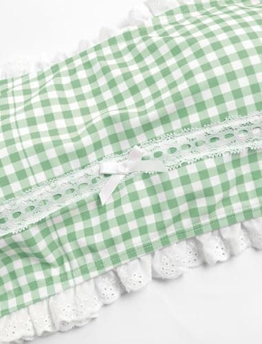 ZAFUL Womens High Waisted Bikini Sets 2 Piece Plaid Ruffle Swimsuits Back Strap Top with High Waisted Shorts Bathing Suit Green S - Thumbnail 4
