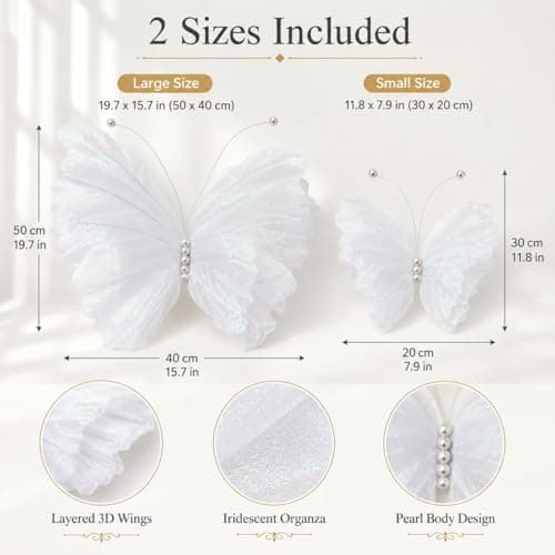 8 Pcs Large & Small White Butterfly Decorations, 3D Silk Butterflies Wall Decor with 3 Big 20 Inch & 5 Small 12 Inch Butterflies for Wedding, Baby Shower, Birthday Party, Nursery & Event Decoration - Thumbnail 2