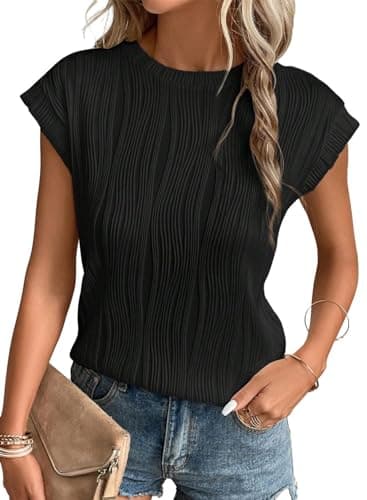 EVALESS Womens 2026 Round Neck Short Sleeve T Shirts Fashion Trendy Spring Summer Loose Fitted Plain Knit Textured Tops Casual Tee Blouses Clothes Black XX-Large - Image 1