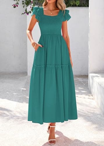 KIRUNDO Smocked Summer Dresses for Women 2026 Wedding Guest Midi Flowy Ruffle Short Sleeve Square Neck Tiered Sundress(Blue Green, X-Large) - Thumbnail 3