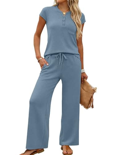 Casly Lamiit Womens Sets 2 Piece Outfits Matching Lounge Vacation Travel Set Spring Casual Cap Sleeve Tops Leisure Drawstring Crop Pants Blue Grey L - Image 1