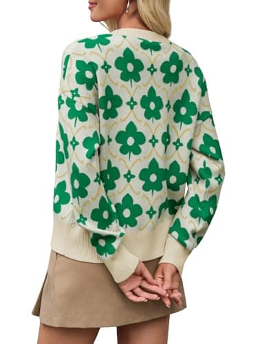 Saodimallsu Womens Flower Pattern Cardigan Green Floral Sweaters Soft Long Sleeve Vintage Christmas Knit Outwear 2025 - Thumbnail 5