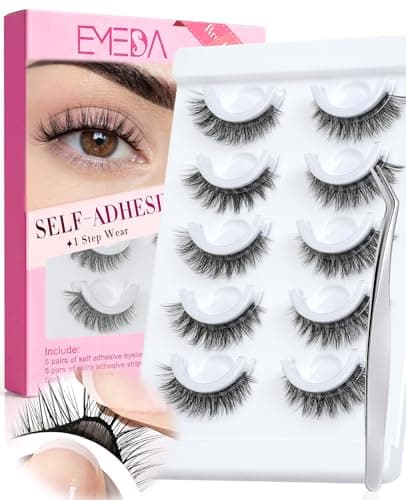 EMEDA Self Adhesive Eyelashes Preglued Glueless -Natural Look No Glue Eyelashes 14mm Natural Cat Eye Glueless No Glue Needed Reusable Stick on False Strip Lashes Easy for Beginner (879 with Tweezers) - Image 1