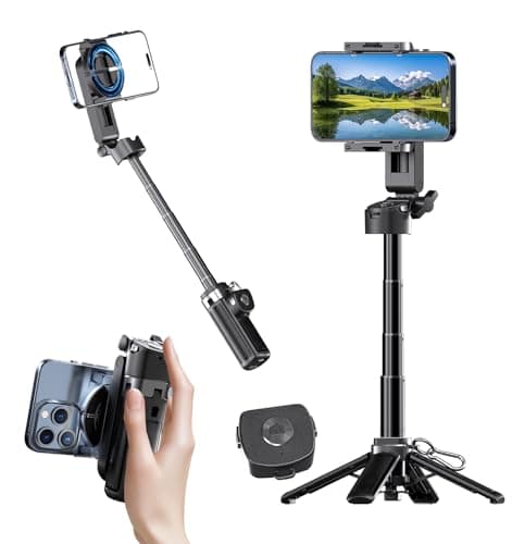 Magnetic Phone Tripod Stand, Portable Mini Selfie Stick for iPhone 16/15/14/13/12 & MagSafe, Aluminum Angle-Adjustable Foldable Strong Magnet Phone Holder, Travel Essentials, Included Metal Ring - Image 1