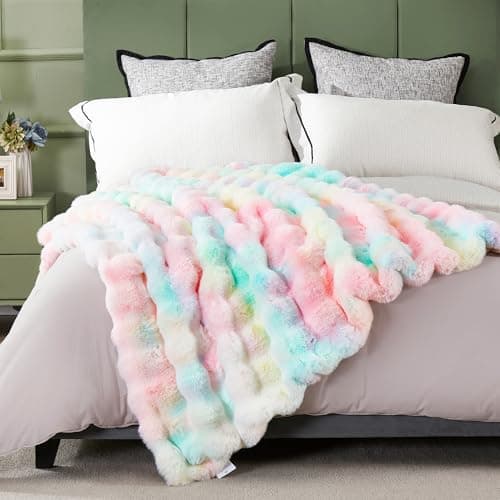 DREAMNINE Soft Faux Bubble Rabbit Fur Throw Blanket for Couch, Thick Cozy Decorative Colorful Warm Fuzzy Fur Blanket for Sofa Chair Bedroom Living Room Dorm Women Gift, 50 * 60 Inches, Rainbow - Thumbnail 3