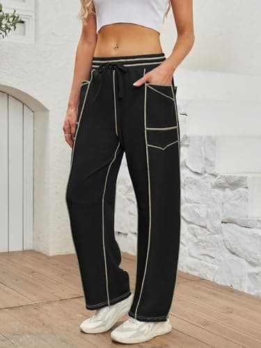 Dokuritu Barrel Sweatpants Women Casual Elastic Waist Wide Leg Sweatpants Drawstring Lounge Baggy Pants with Pockets Black - Thumbnail 4