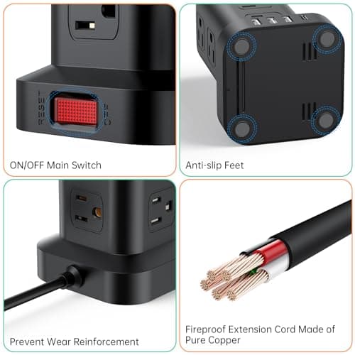 Extension Cord with Multiple Outlets, SMALLRT Surge Protector Tower, PD 20W USB C, Power Strip with USB Ports 12 AC Outlets, 10FT Outlet Extender for Home Dorm, Office Supplies, Overload Protection - Thumbnail 6