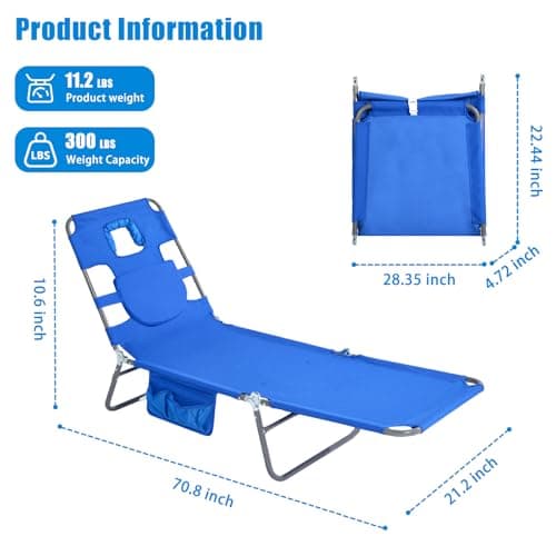 SUNNYFEEL Lay Flat Tanning Chair 2 Pack with Face Down Hole & Arm Slots, Backpack Beach Lounge Chair, 5-Position Folding Sunbathing Chair, 300 LBS Heavy Duty, 72" L x 22" W for Beach, Pool, Camping - Thumbnail 3