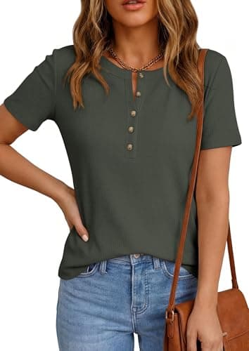 PRETTYGARDEN Waffle Knit Tops for Women Short Sleeve Henley Shirts 2026 Summer Blouses Dressy Casual Spring Fashion Clothes (Army Green,Large) - Thumbnail 2