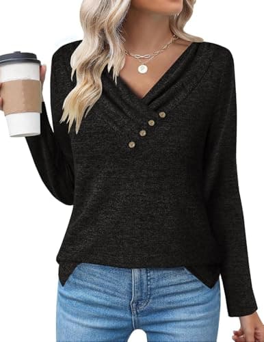 ALPSWARE Tunic Shirt Long Sleeve Basic Top V Neck Tunics Tshirt for Women 2025 Fall Black M - Thumbnail 2