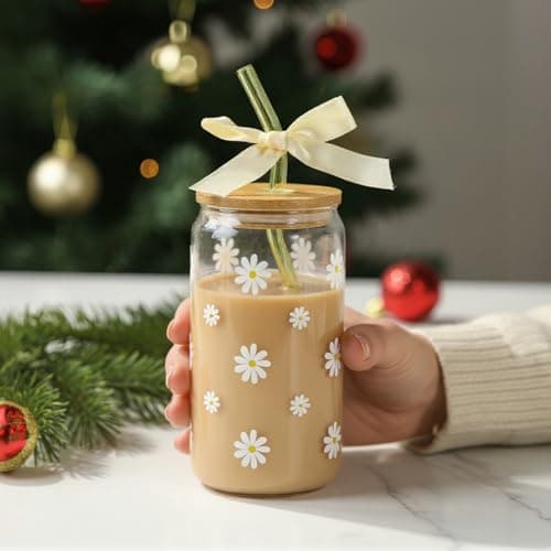 KMCCUMBER Cute Glass Cups with Lids and Straws, Teen Girl Birthday Gifts Daisy Iced Coffee Cup, Beige Aesthetic Mug Tumbler for Birthday Mothers Day Christmas Valentines Coffee Lover 16oz - Thumbnail 3