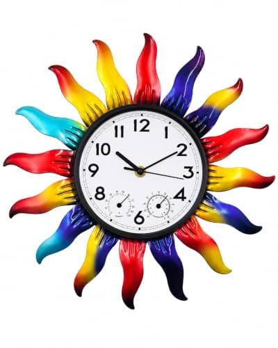 Verdosphire 13 Inch Metal Outdoor Wall Clock Colorful Sun Decor Waterproof Outside Clock with Thermometer Humidity Gauge Silent Non Ticking Quartz Timepiece for Garden, Patio, Fence, Yard Gift - Image 1