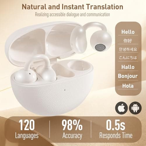 AI Translation Earbuds Real Time,120 Languages & Accents Translator Earbuds,Audifonos Traductores Inglés Español, Translator Device with APP for Travel Learning Business,iOS/Android Compatible-White - Thumbnail 4