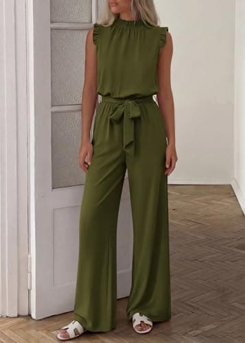 KIRUNDO Jumpsuits For Women Dressy Summer One Piece Sleeveless Ruffle Mock Neck Belt Pockets Formal Wide Leg Pants Romper(Army Green, XX-Large) - Thumbnail 2