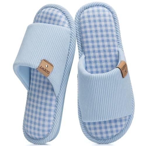 GOEWY Summer House Slippers for Women Cozy Open Toe Breathable Slippers with Memory Foam Birthday Gifts for Women Mom Indoor and Outdoor Size 7 8 Blue Checkered