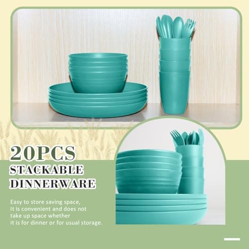 Wrova Wheat Straw Dinnerware Sets of 20,Dishwasher Safe Kitchen Plates and Bowls Sets,Camping Dishes Sets Contains Dinner Plates,Cereal Bowls,Drinking Cups and Flatware.(Green) - Thumbnail 3