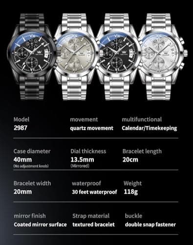 OLEVS Silver Watch for Men Luxury Waterproof Men's Watch Casual Fashion Analog Stainless Steel Chronograph Large Face Men's Watches Elegant Classic Quartz Date Wrist Watches for Man Reloj - Thumbnail 6