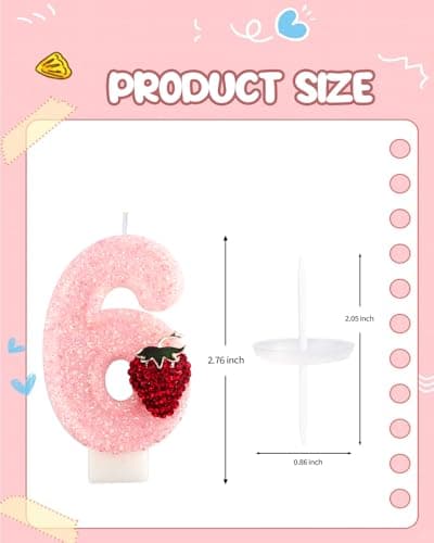 Birthday Candles for Cake, Pink Number Candles, Cake Candles with Greeting Card for Birthday Party Wedding Anniversary Celebrations (Strawberry 6 Candle) - Thumbnail 2