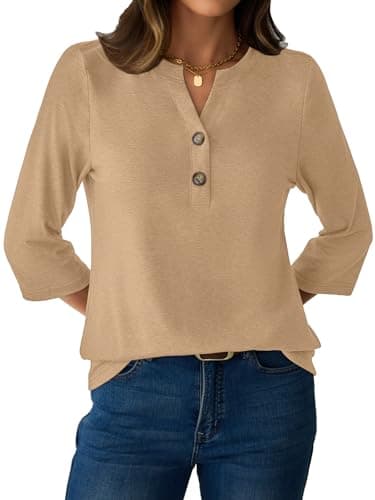 GKBK Womens Tops 3/4 Length Sleeve V Neck Button Down Short Sleeve Shirts Business Casual Basic Tees Summer Fashion 2026 Dressy Casual Going Out Blouses Trendy Outfits Khaki M - Thumbnail 5