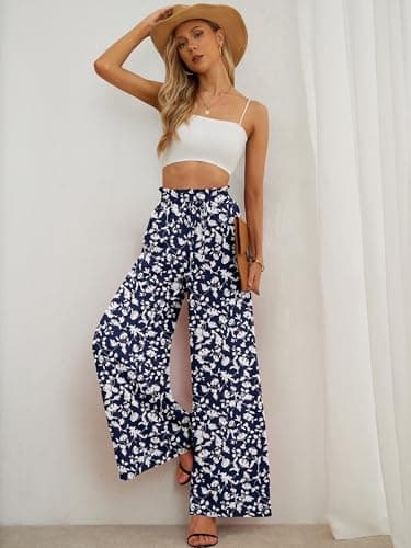 AusLook Women's Wide Leg Dress Pants with Pockets Peony Silhouett Medium Lightweight Elastic High Waisted Adjustable Tie Knot Flowy Loose Slacks Lounge Casual Ladies Beach Pleated Trousers - Thumbnail 4