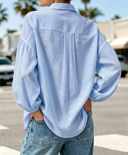 AceNest Cotton Long Sleeve Shirt Spring Outfits Oversized Button Down Linen Shirts Light Blue L - Thumbnail 6