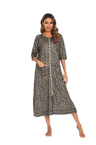 RONGTAI Womens Nightgowns Half Sleeve Zipper Sleepshirts Lounge Comfy Housecoat Sleep Robe Fashion Printed with Pockets Gray1 XXL - Image 1