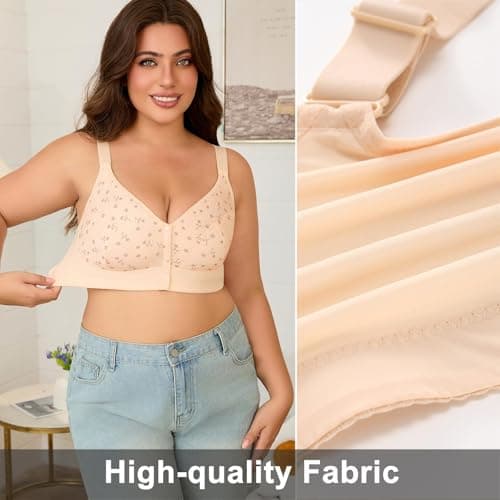 Daisy Bras for Older Women Front Closure – Wireless Plus Size Bra, No Underwire, Comfortable Snap Closing Bra for Seniors (US, Alpha, 4X-Large, Plus, Regular, Nude) - Thumbnail 5
