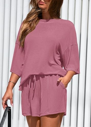 KIRUNDO 2 Piece Sets for Women Summer Lounge Sets Casual Oversized Tshirts Shorts Matching Airport Travel Outfits Postpartum(Pink, Small) - Thumbnail 5
