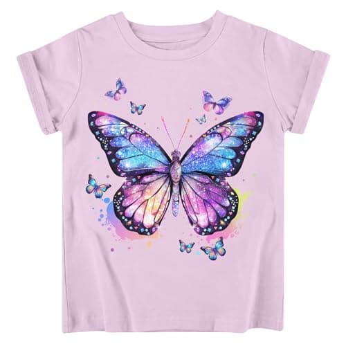 Funnycokid Little Girls Shirt Size 6 7 Kids Tees Purple Butterflies Animal Children Cute T-Shirt Graphic Short Sleeve Clothes Tops - Image 1