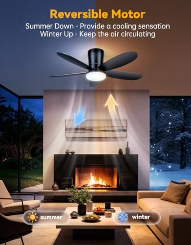 DABOUHORS Ceiling Fans with Lights, Low Profile 42-Inch Modern Small Ceiling Fan for Bedroom Indoor Outdoor - Dimmable Fans with Timer Remote Control Flush Mount Reversible 5 Blades 6 Speeds, Black - Thumbnail 6