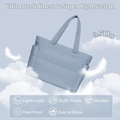 JHhomezeit Puffer Tote Bag for Women-Large Work Tote Bags Quilted Lightweight Puffy Bags Shoulder Bag with Laptop Compartment Blue - Thumbnail 6